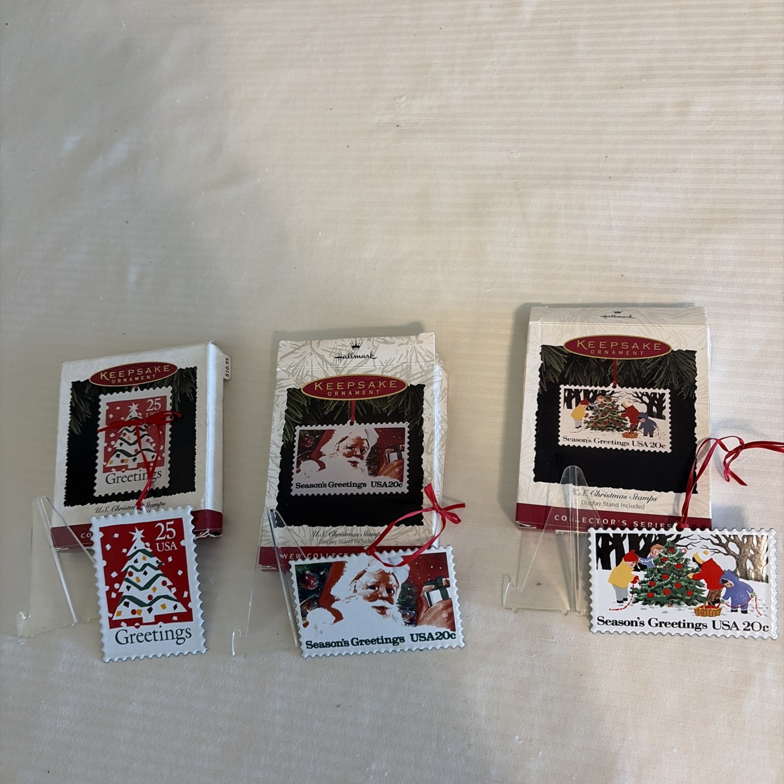 Lot 3 Hallmark U.S. Christmas Stamps Ornaments, 1993, 1994 & 1995 w/Displays