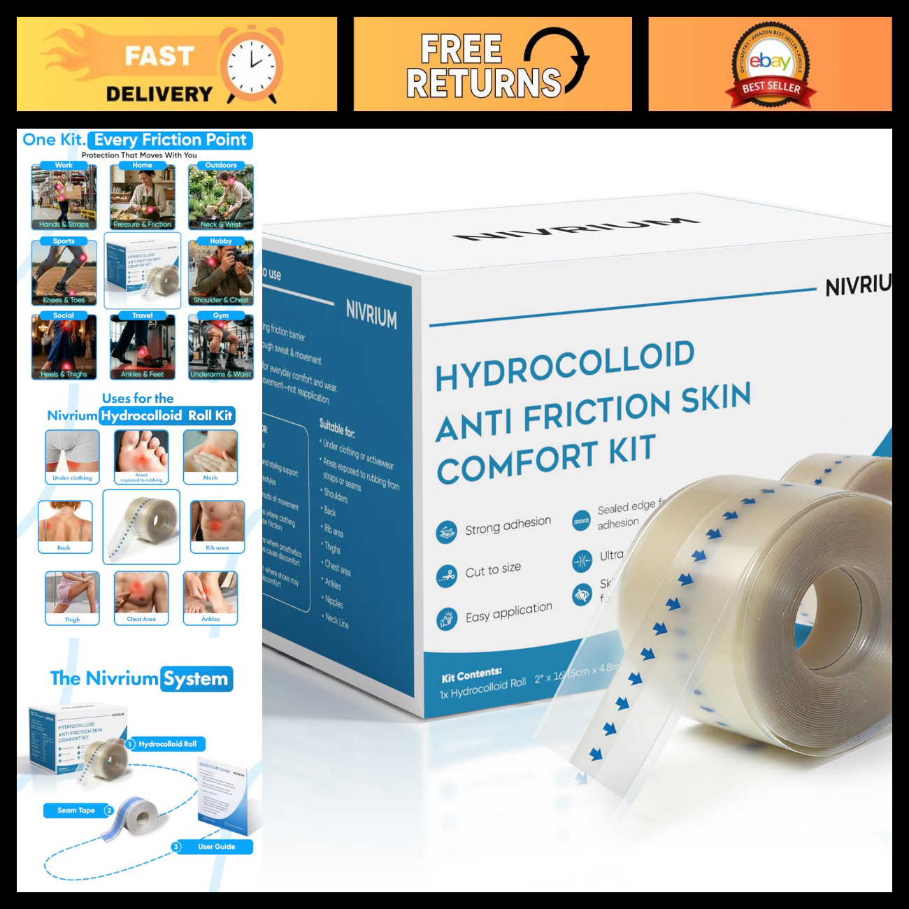 Hydrocolloid Skin Comfort Kit - Anti-Friction Barrier Tape Roll & Seam Tape, 2in