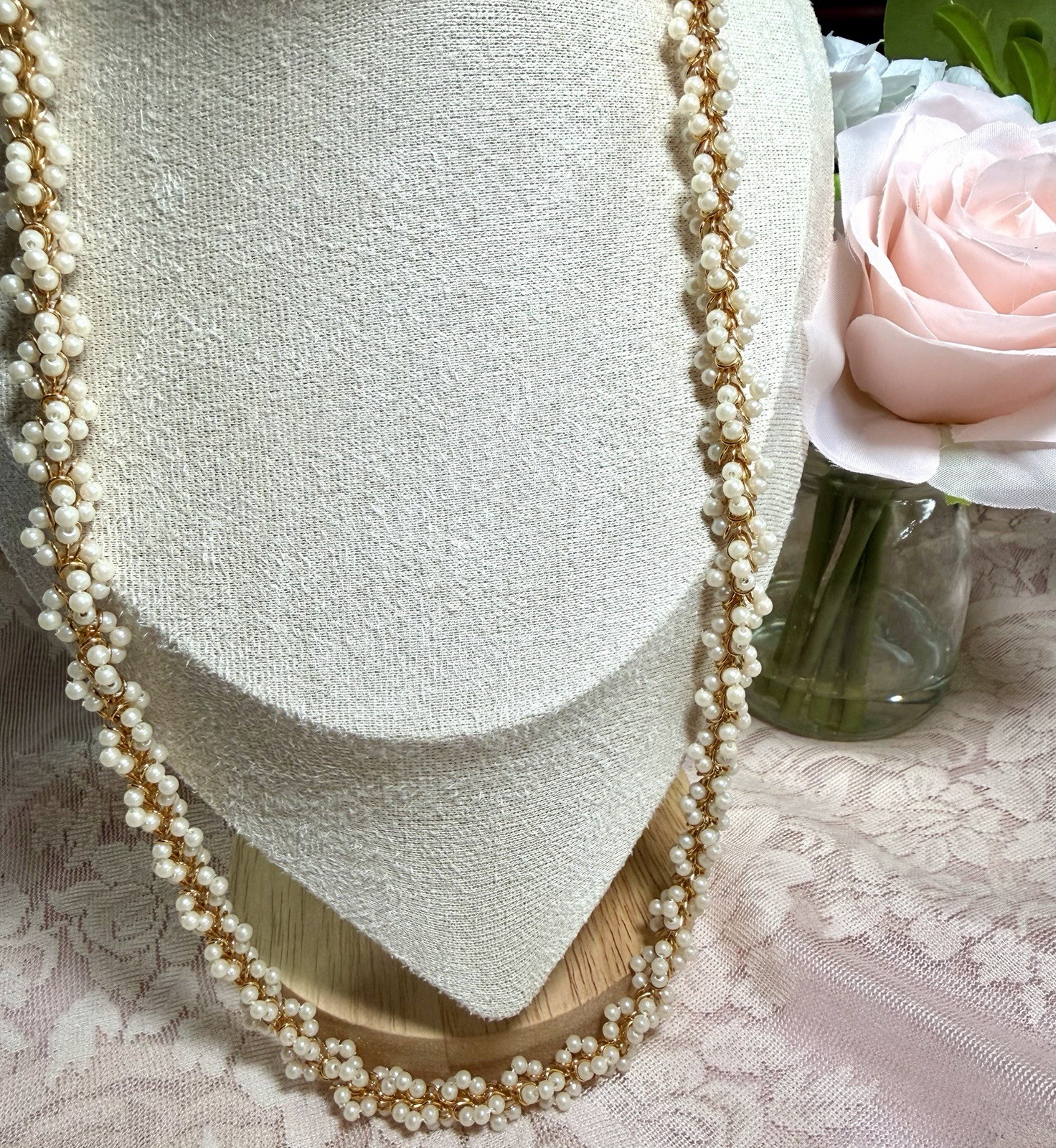  Vtg 1980s Faux Pearl Cluster Twist Rope Chain Necklace Gold Tone Byzantine 24”