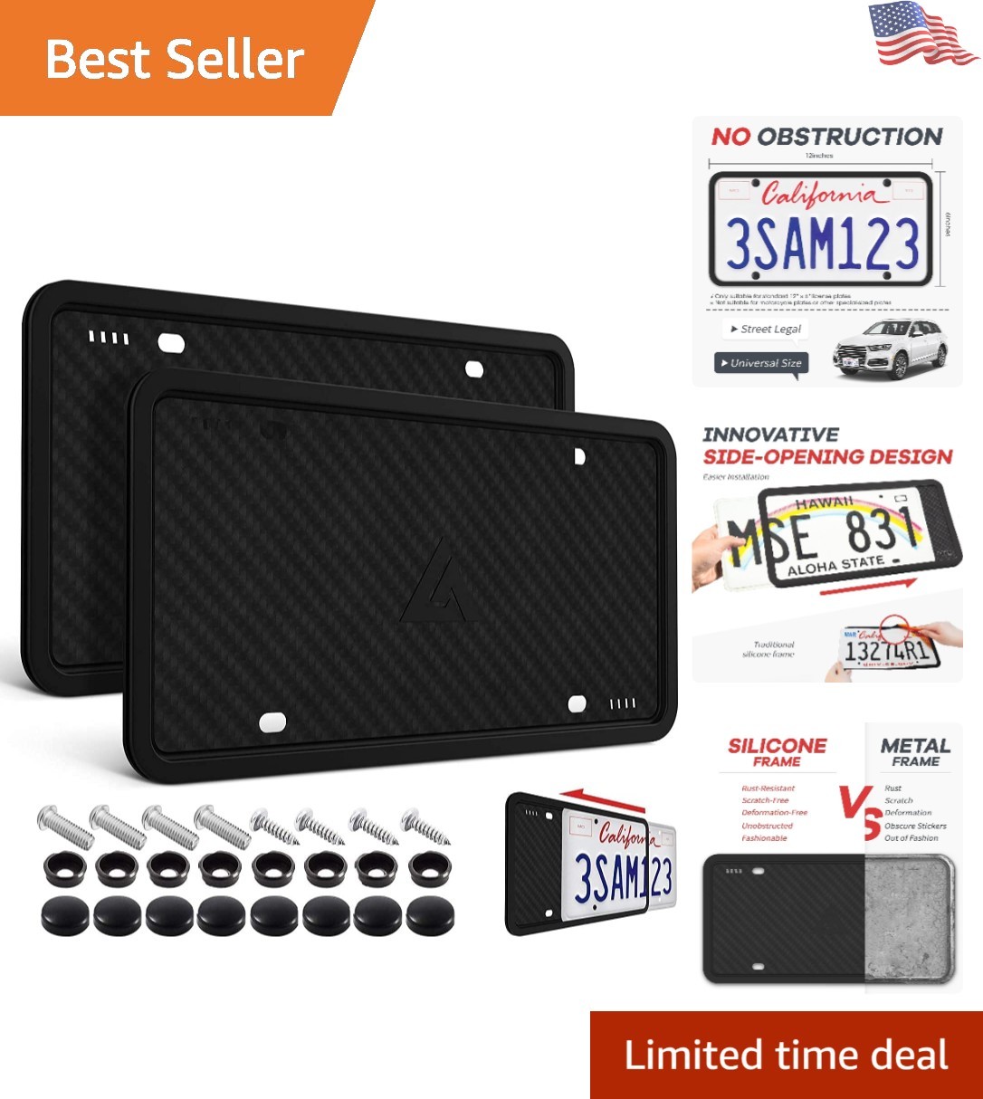 2 Pack Black Silicone License Plate Frames - Universal Fit, Rustproof & Stylish