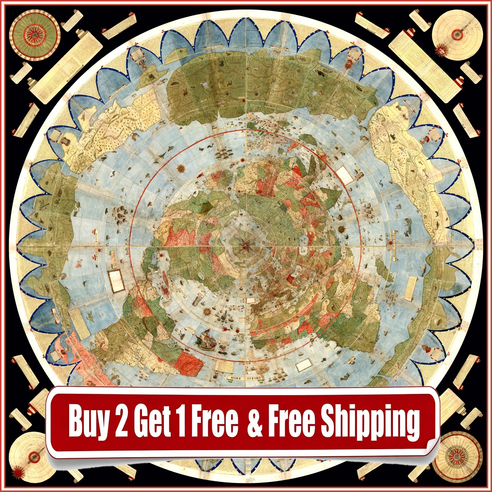 1587s Vintage World Map Urbano Monte Canvas Poster Flat Earth Globe 24x24 Inch B
