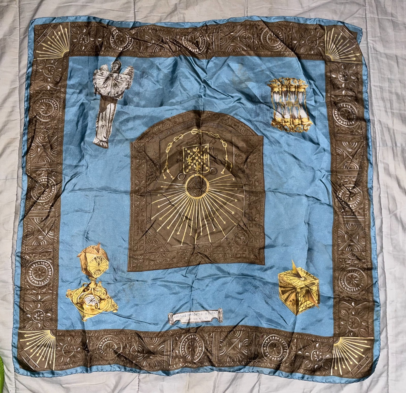 VTG Hermes Scarf Dies Et Hore Sundials Blue Gold Silk Carre 90 Shrunken Flaw 30\
