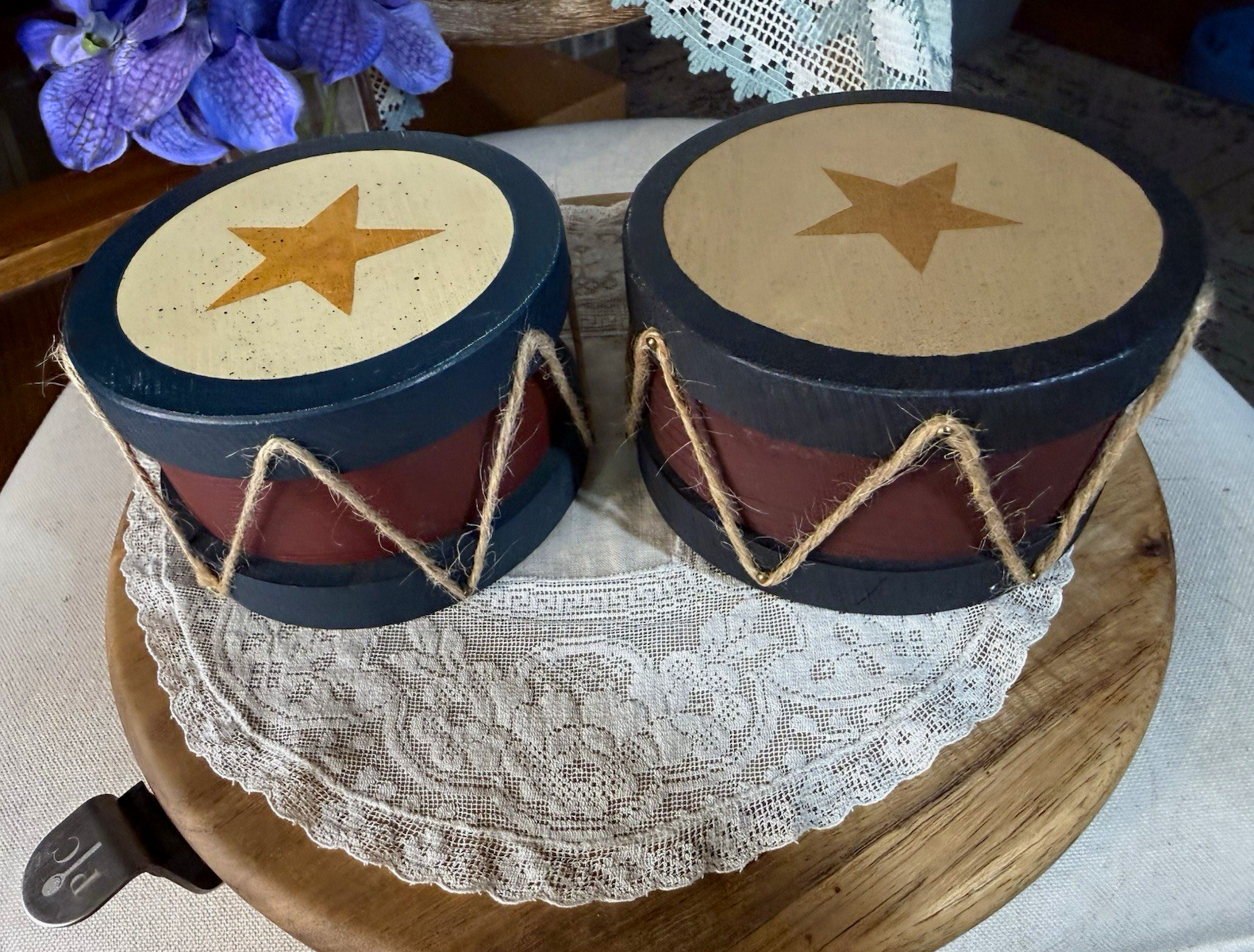 Primitive Country Wooden Drum Decor Set of 2 Stars Jute Rope Americana 5”