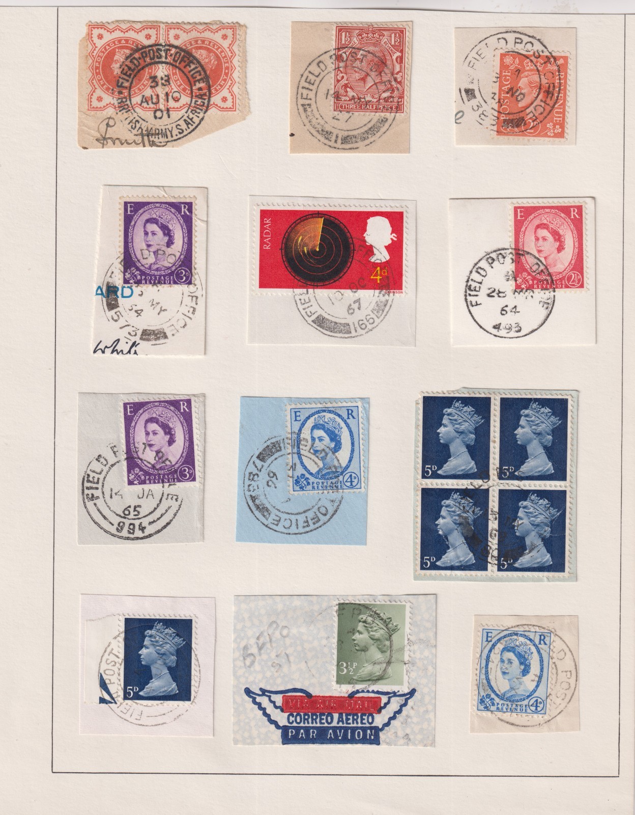 GB QV - QEII Stamps With Field Post Office Postmarks on a page GB QV - QEII Stamps With Field Post Office Postmarks on a page