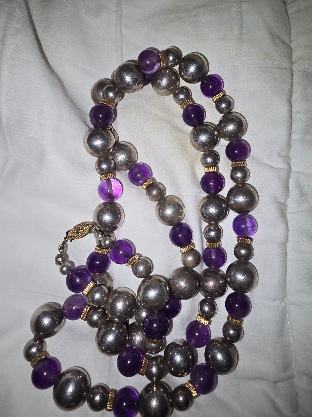 Vintage 925 Sterling Silver  Amethyst Necklace w/14k Gold Spacers 32in 119.5g