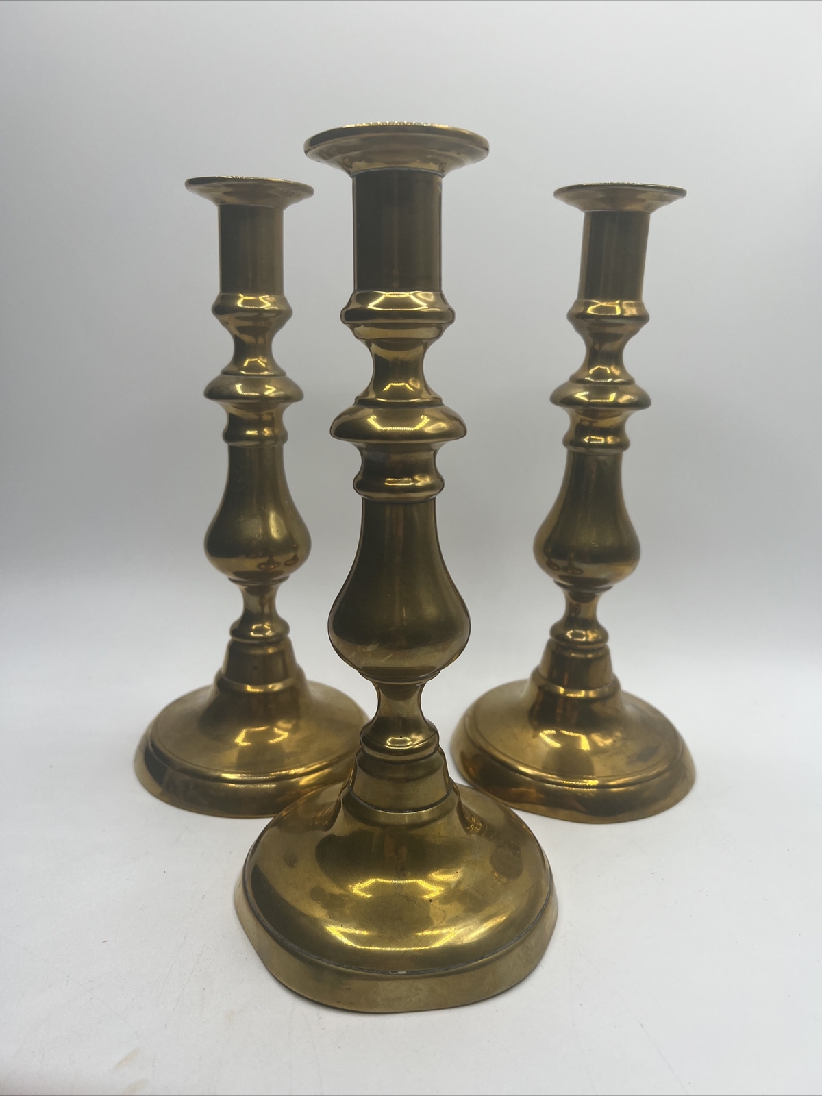3 Antique Brass Push Up Candlesticks 9”