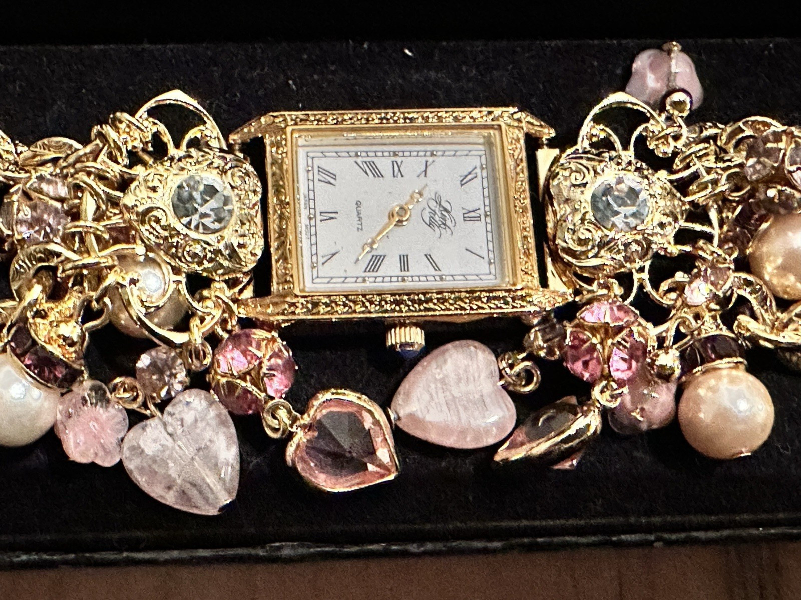 VTG Kirks Folly 90s Blushing Heart Watch Gold Tone Crystal Charm new battery