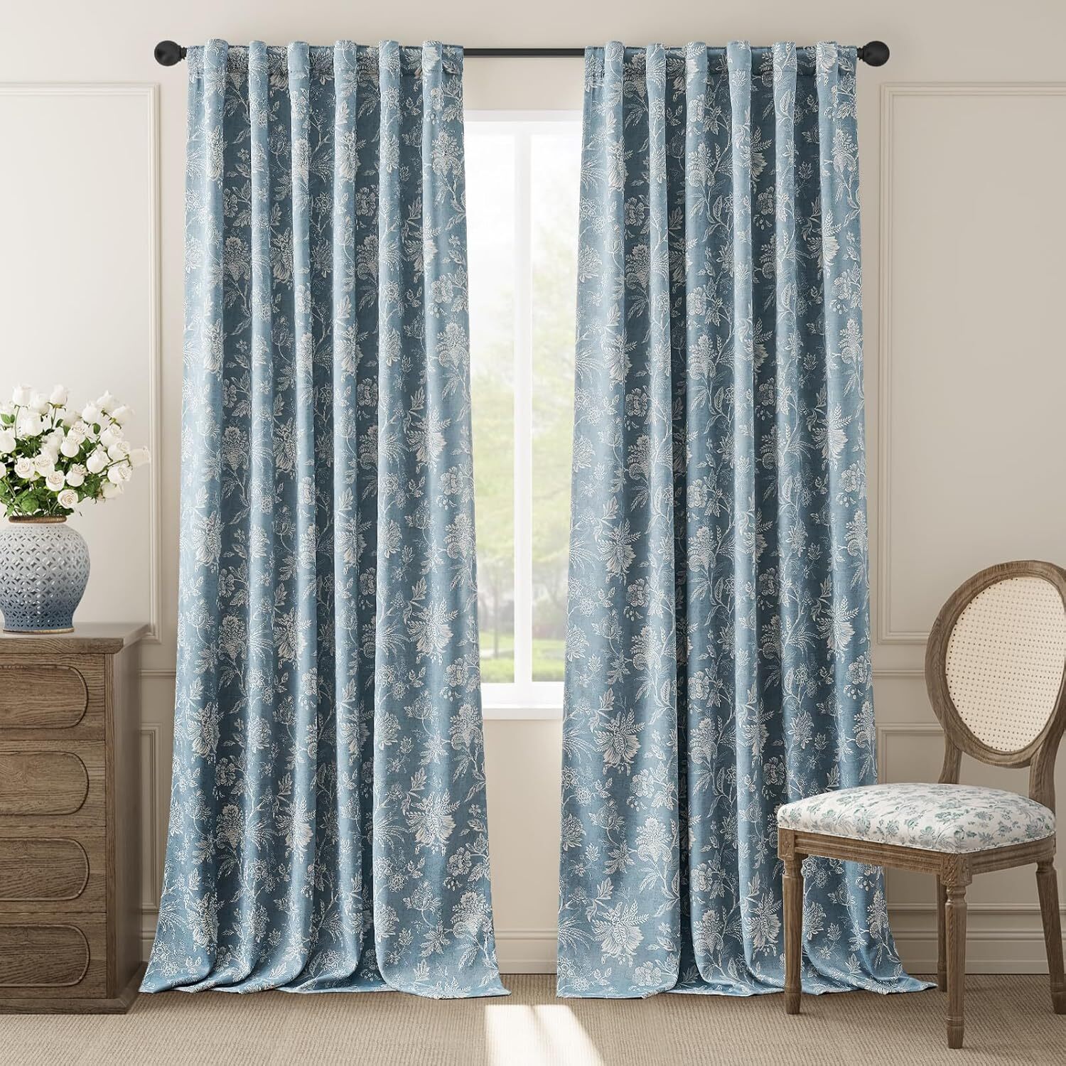 100% Blackout Floral Curtains for Bedroom 96 Inches Long White on Blue Printed