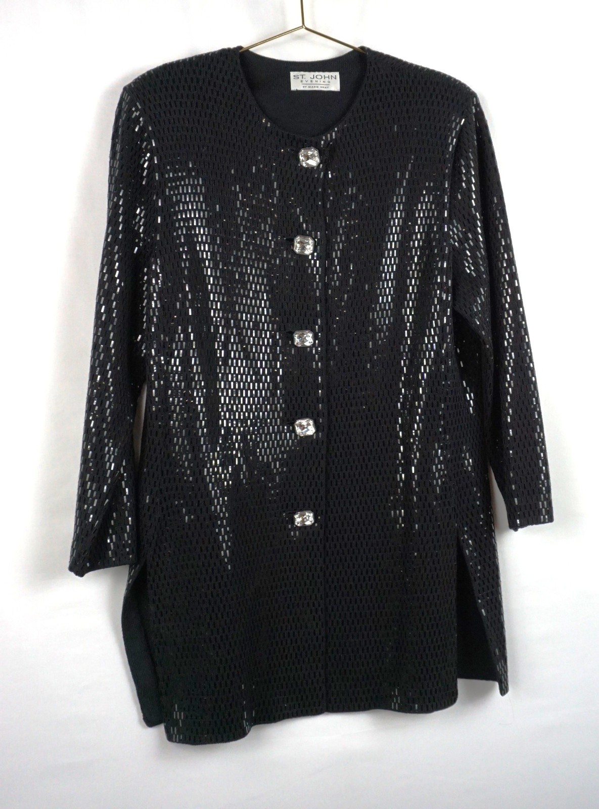 ST JOHN EVENING BLACK PAILLETTE LONG KNIT JACKET WITH LUXE CRYSTAL BUTTON SZ 12