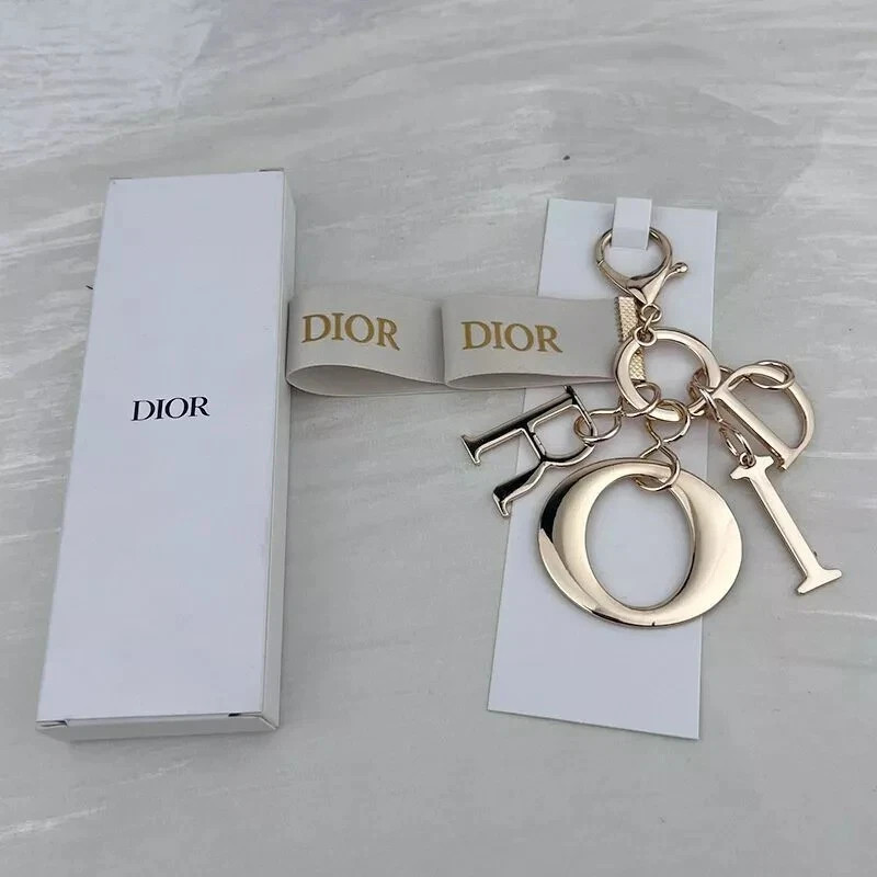 CD Dior DIOR Logo Bag Charm Key Chain Keyring Detachable Rose Gold Cream Fabric CD Dior DIOR Logo Bag Charm Key Chain Keyring Detachable Rose Gold Cream Fabric