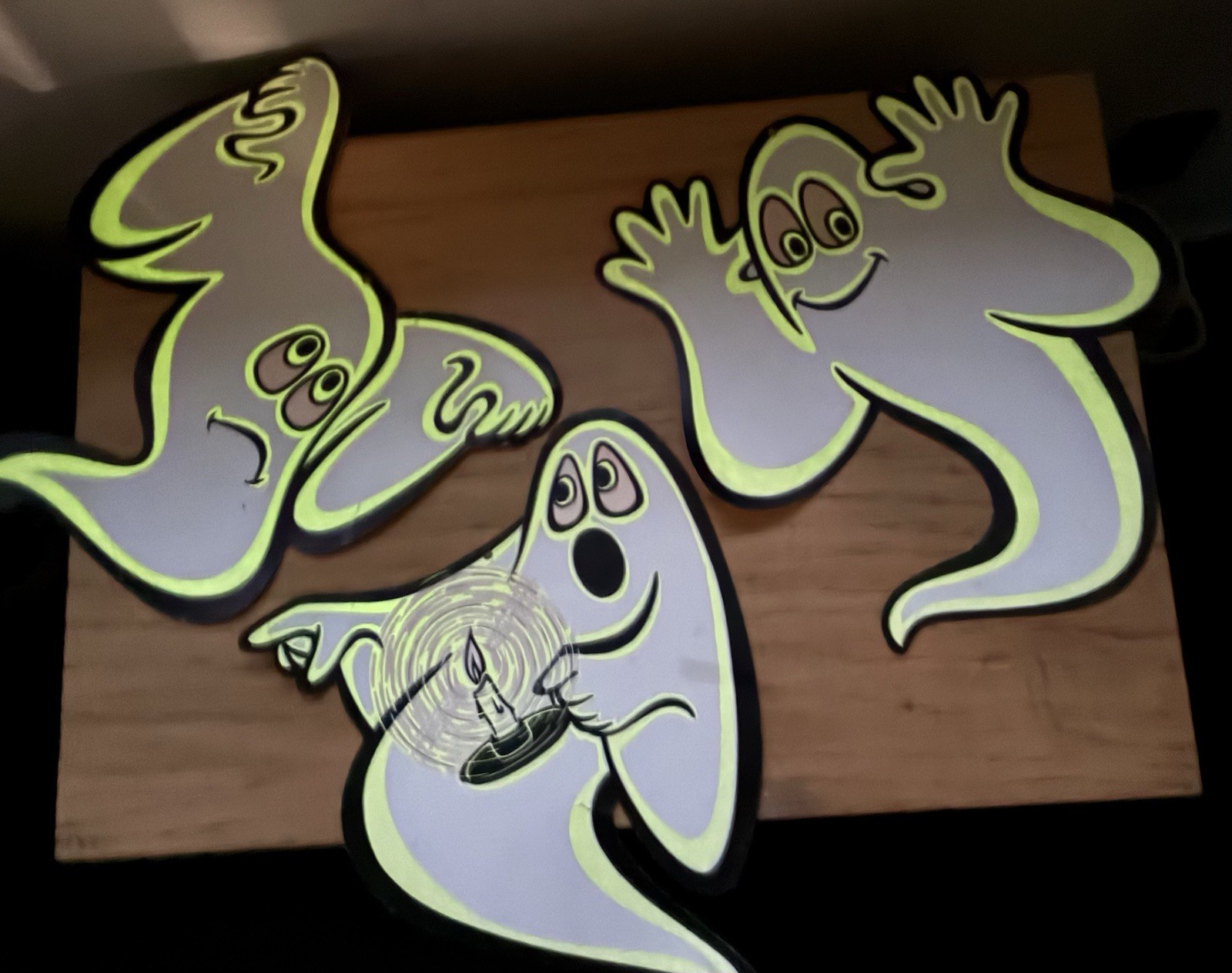 Vintage 80s Set 3 Beistle USA Nite-Glo Glow In The Dark Ghosts Die Cut, 1-Sided