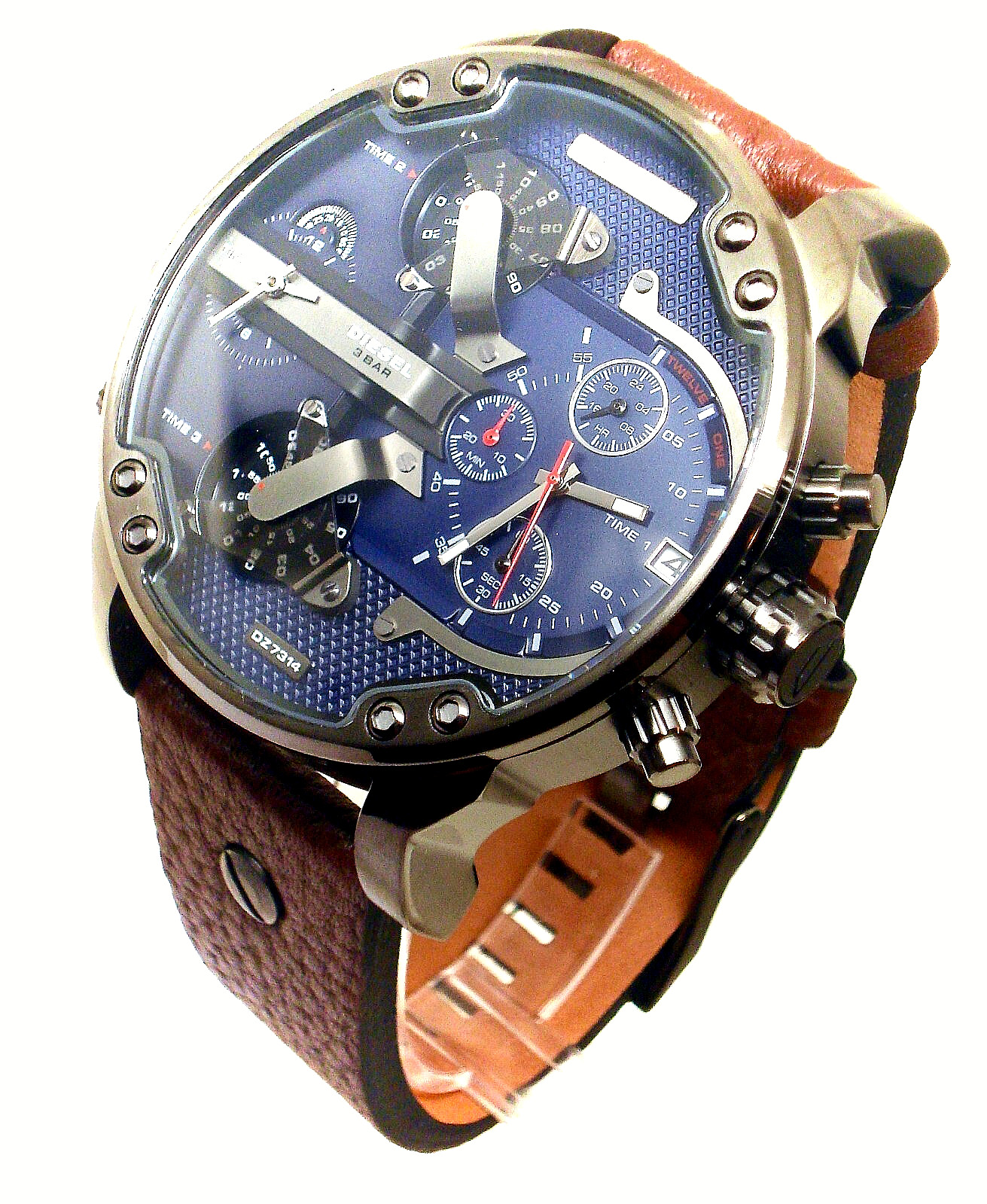 NEW DIESEL DZ7314 MR. DADDY GUNMETAL,BROWN LEATHER BAND,4 TIMES ZONE, No box .