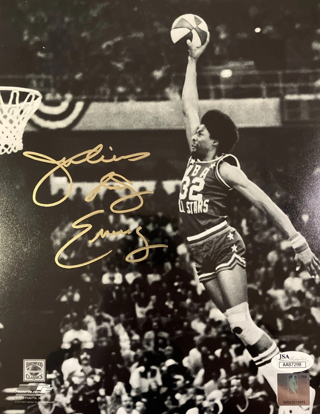 Julius Dr. J Erving Autographed Signed JSA 8x10 Gold Iconic Dunk Contest Shot
