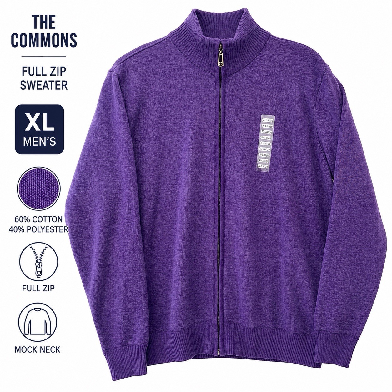 The Commons Full Zip Sweater XL Purple Mock Neck Cotton Blend Mens PC#11 The Commons Full Zip Sweater XL Purple Mock Neck Cotton Blend Mens PC#11