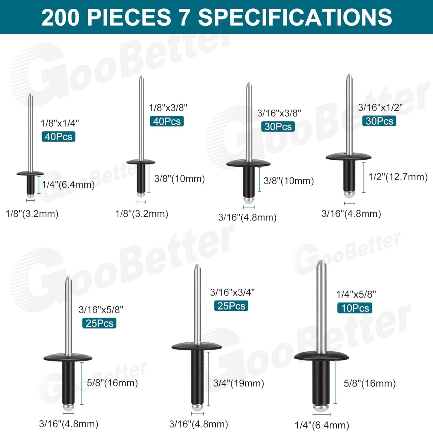 200PCS Pop Rivets Assortment Large Flange Aluminum Blind Rivets 1/8\