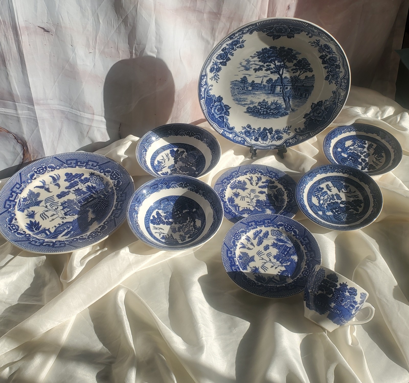 Vintage Blue Porcelain Plates –mixed Japanese Scenic Design & Willow Jonson Bros