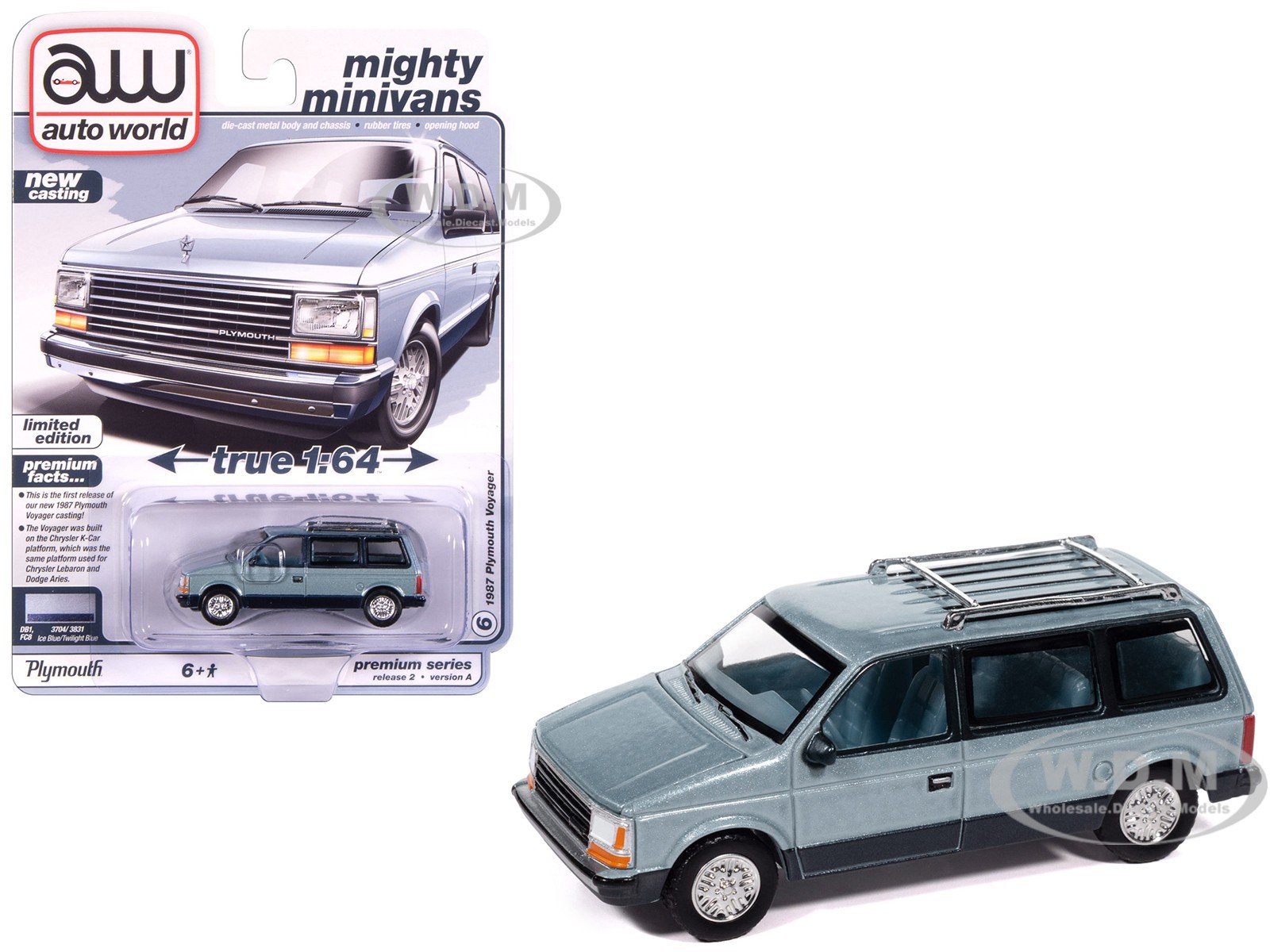 1987 PLYMOUTH VOYAGER VAN ICE BLUE 1/64 DIECAST BY AUTO WORLD 64512-AWSP197 A 1987 PLYMOUTH VOYAGER VAN ICE BLUE 1/64 DIECAST BY AUTO WORLD 64512-AWSP197 A