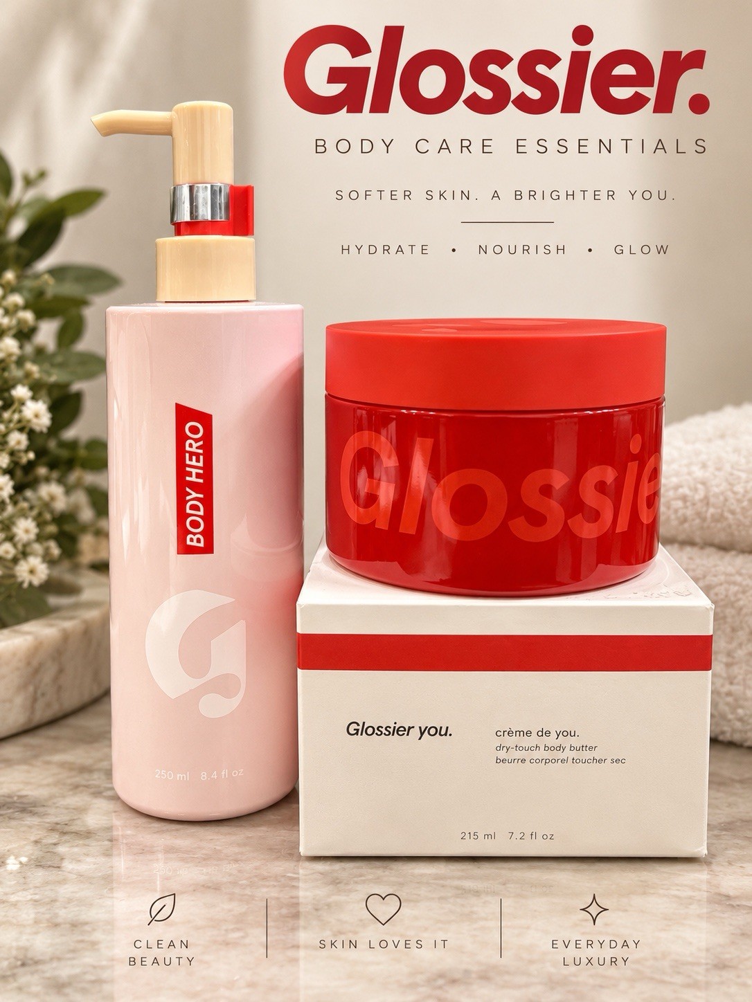 Glossier Body Hero Oil Wash 8.4 Fl Oz + Crème De You Body Butter 7.2 Fl Oz~New