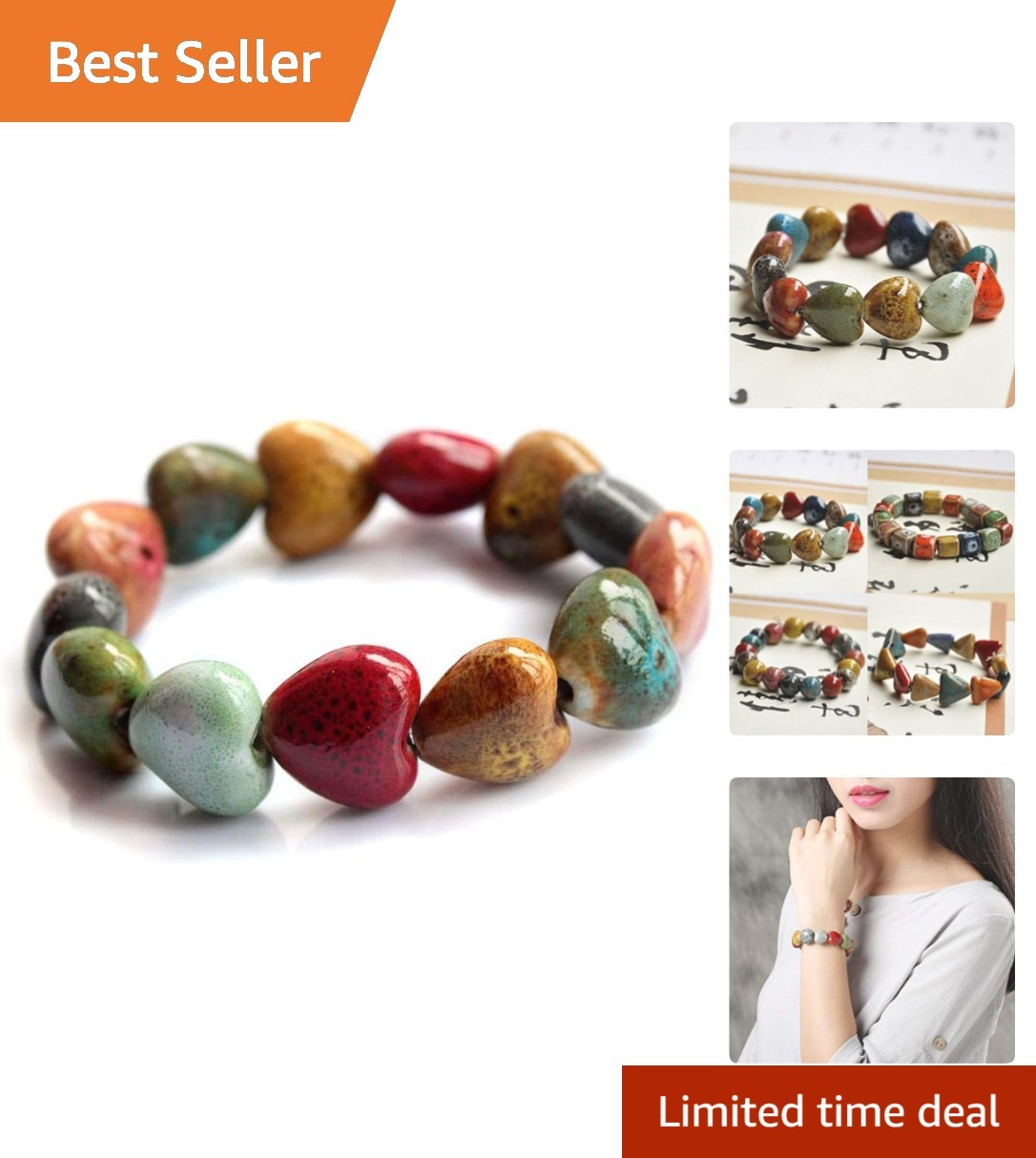 Colorful Love Heart Ceramic Bracelet - Handmade Floral Ethnic Style Jewelry
