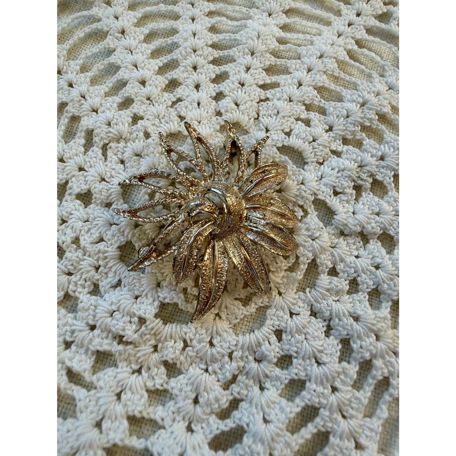 Vintage Coro Signed Layered Starburst Floral Brooch, 1960s Gold Tone
