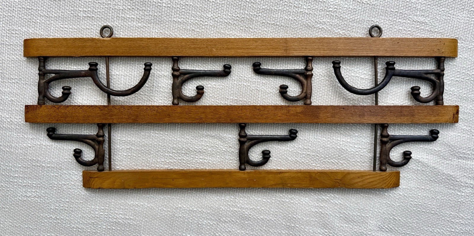 Antique Early 1900s Wood Iron 2-Tier Wall Coat Hat Rack Swivel Hooks