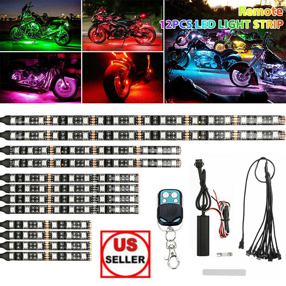 12 Pcs Motorcycle RGB 120 LED Waterproof Under Glow Lights Strip Neon Kit Remote