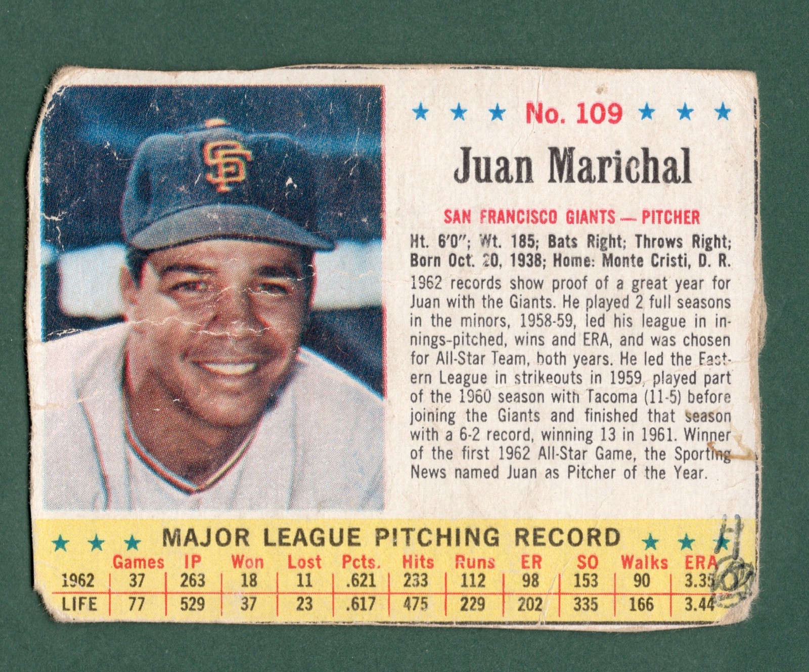 1963 Post Cereal Juan Marichal (HOF) #109 - San Francisco Giants 1963 Post Cereal Juan Marichal (HOF) #109 - San Francisco Giants