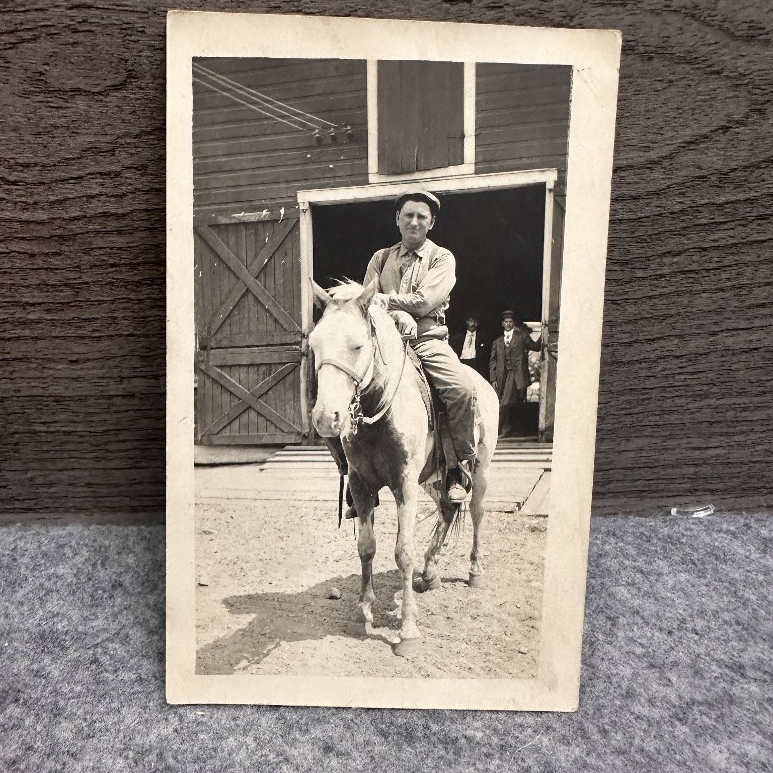 Antique RPPC Man on Horse Real Photo Postcard Barn Scene AZO 1904-1918