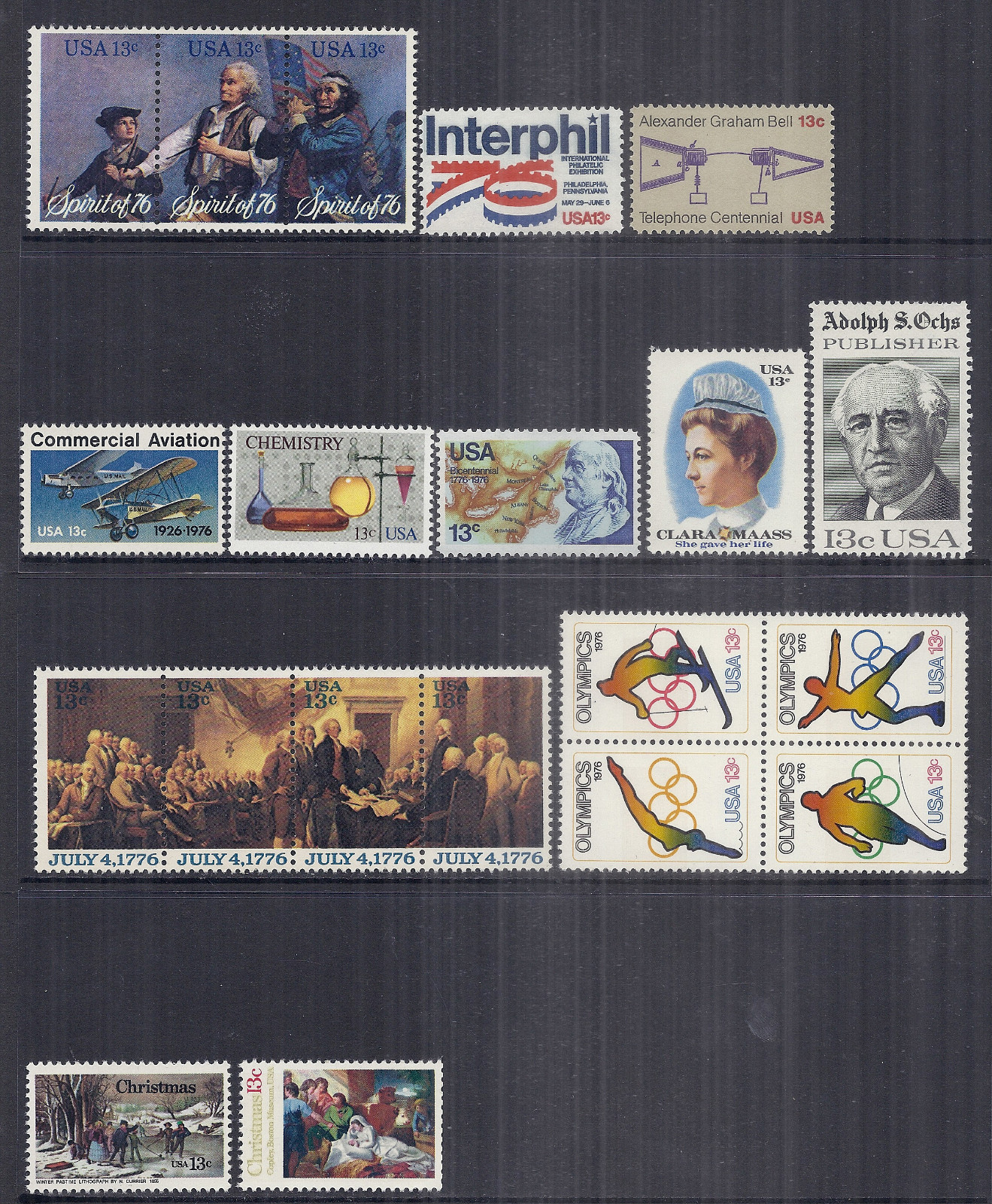 US 1976 Commemorative Year Set of 20, MNH - w/ Strips & Olympic Block