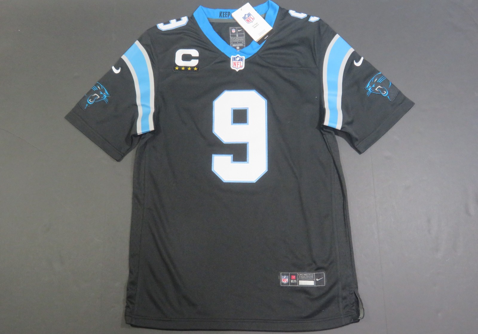 Bryce Young #9 Carolina Panthers 2026-27 Captains Patch Men\'s Jersey Black Bryce Young #9 Carolina Panthers 2026-27 Captains Patch Men\'s Jersey Black