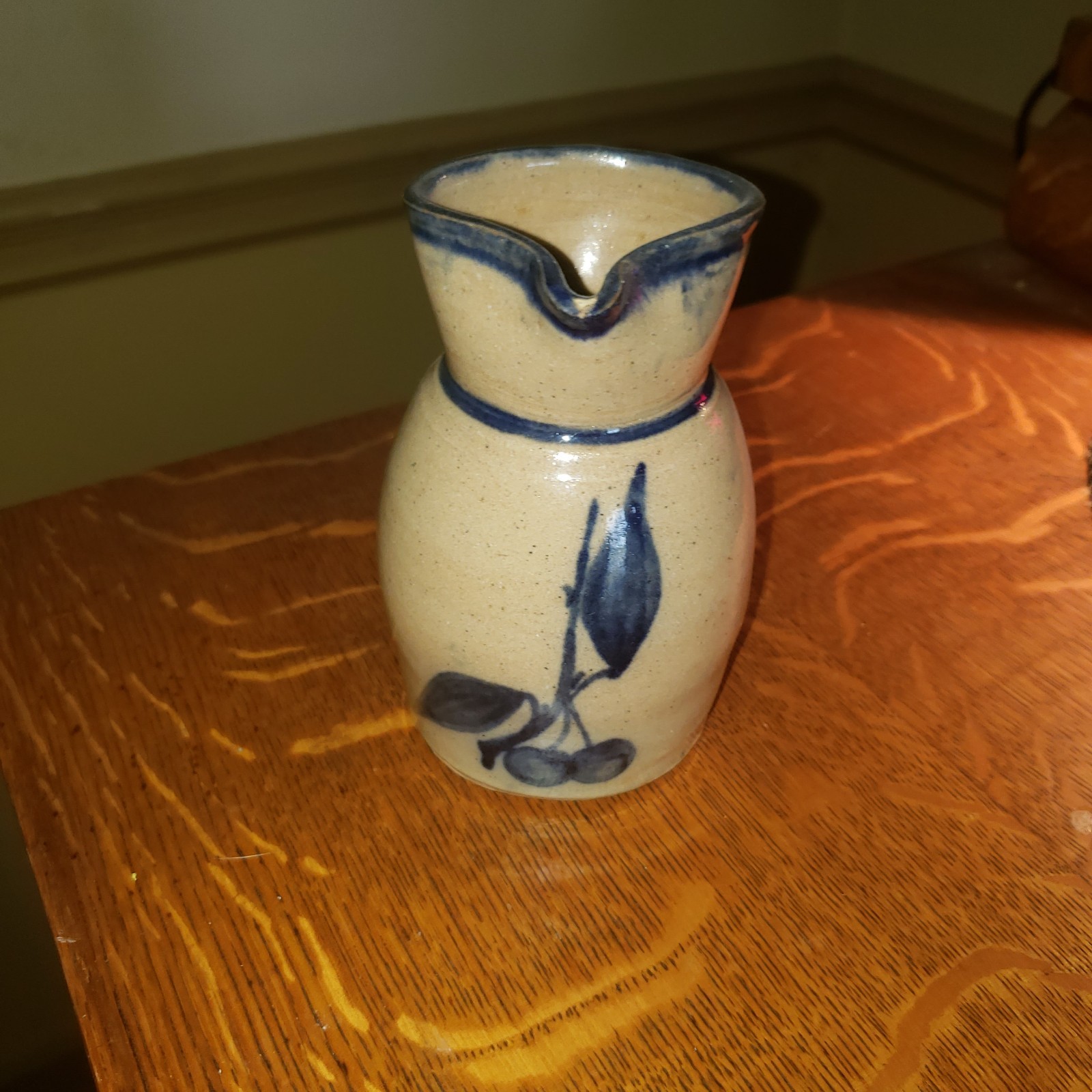 Antique Creamer Pitcher CROCK Blue Painted Cherries 5\