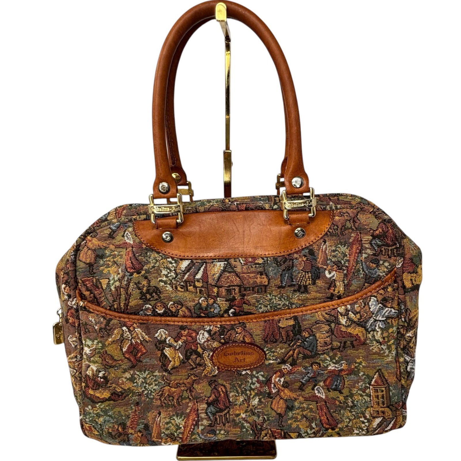 Vintage Gobelins Art Tapestry Handbag Medieval Village Leather Handle Purse