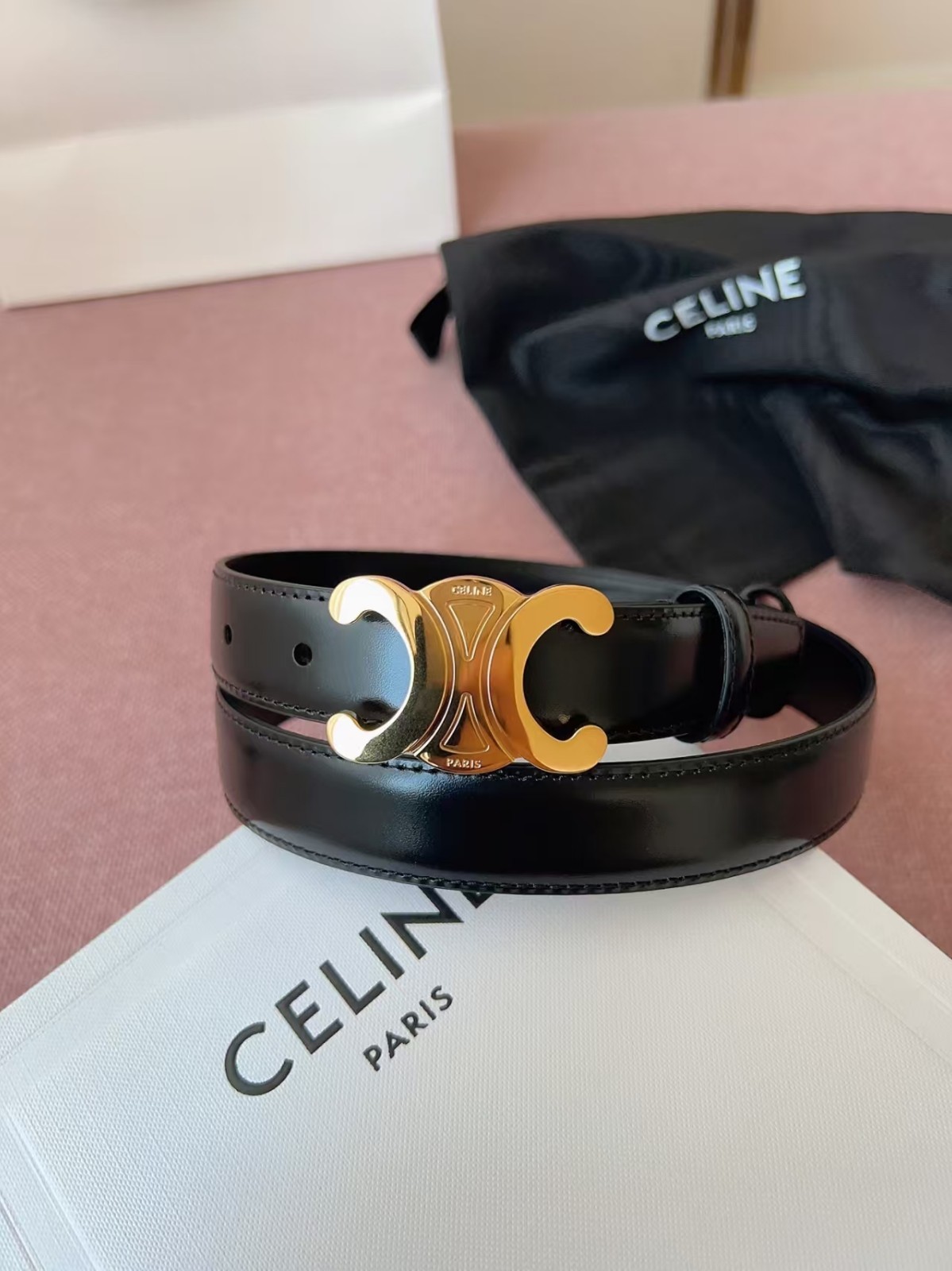 CELINE Women Belt Black Leather Gold Buckle Size 80