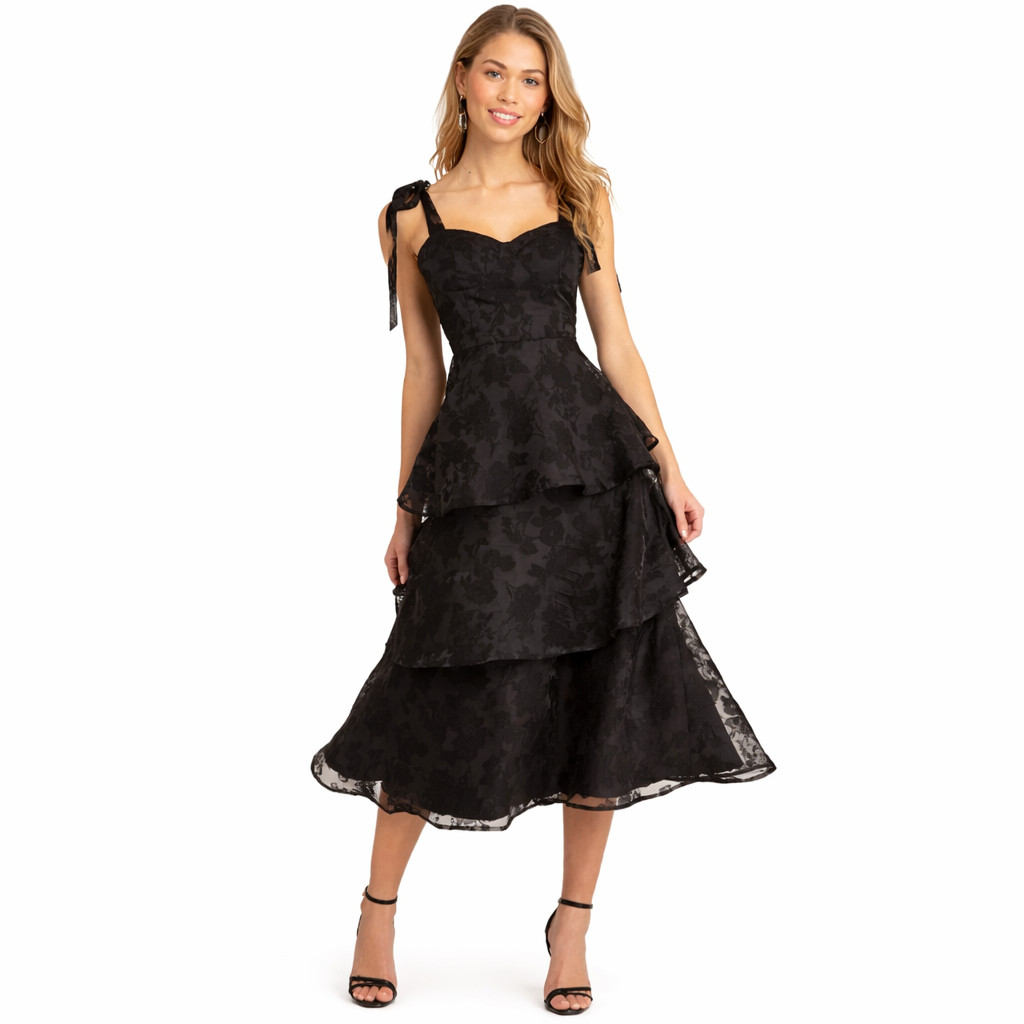 New Lulus Glamorous Sweetie Black Burnout Midi Dress Medium Tie Strap Bustier *