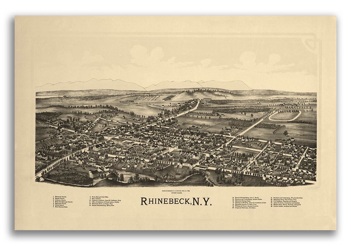 Bird\'s Eye View 1890 Rhinebeck New York Vintage City Map - 20x30