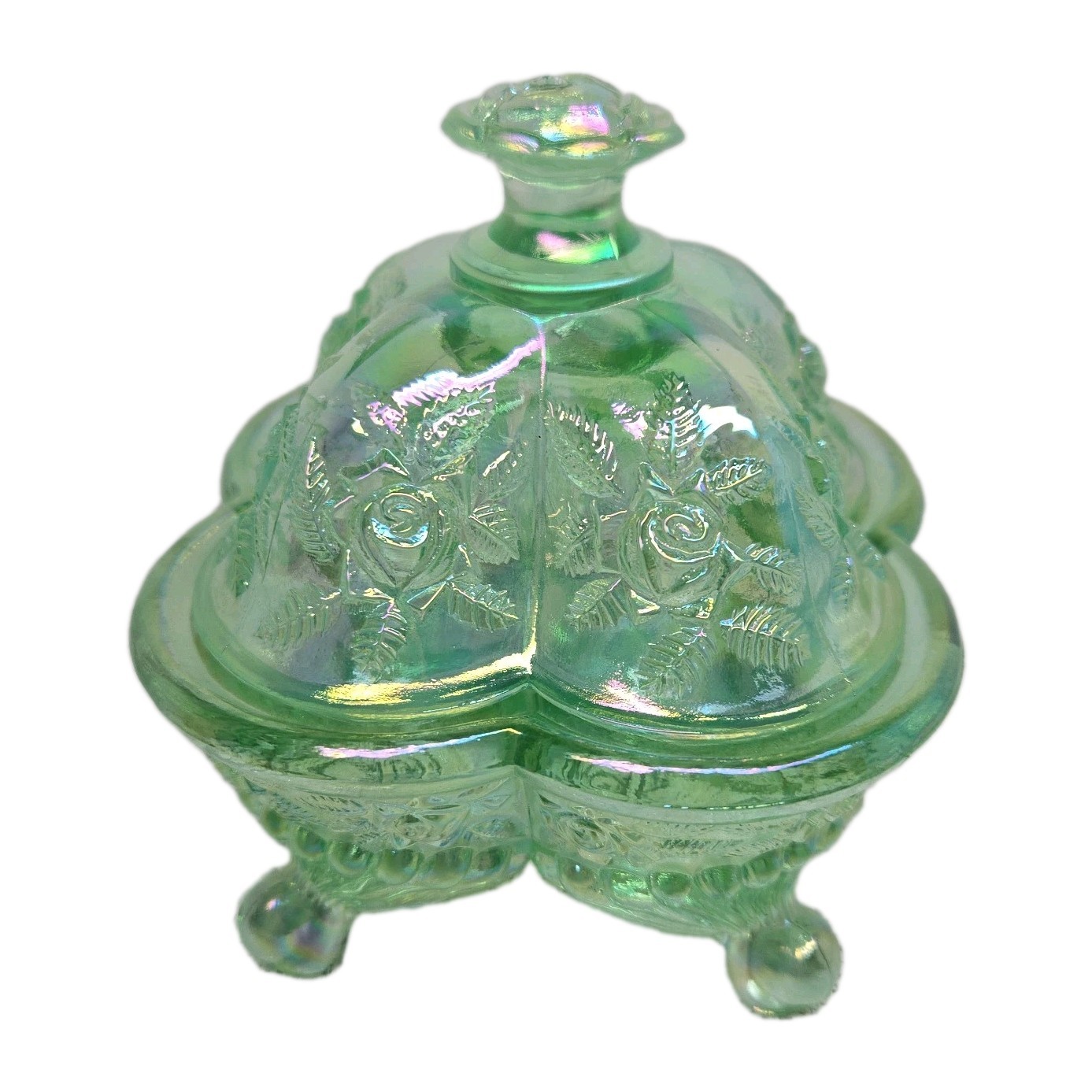 Fenton Willow Green Iridescent Rose Glass Footed Candy Box Trinket Dish w/Lid EC