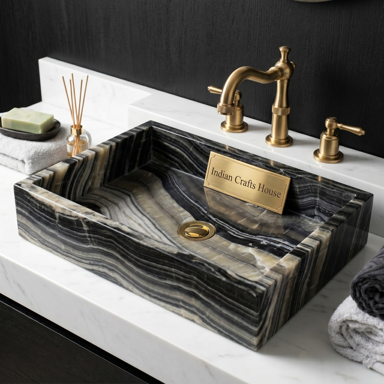 Rectangular Black Rainbow Onyx Stone Countertop Wash Basin