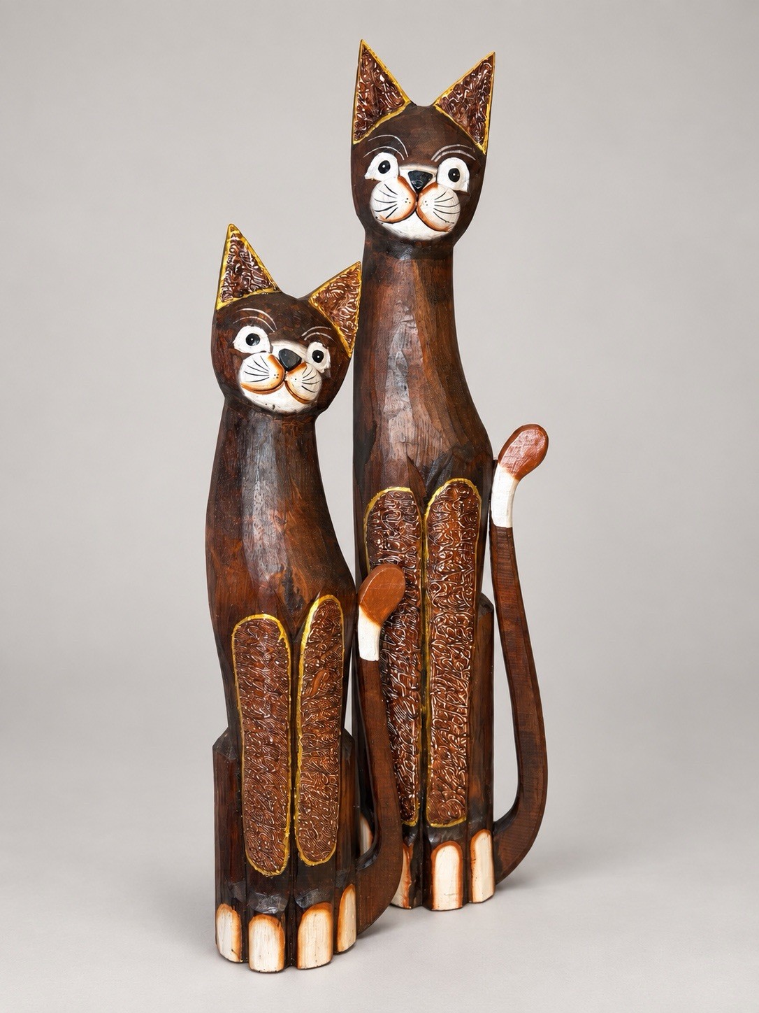 Pair of Striking Hand-Carved+Painted Wooden Cat Floor Sculptures 30” and 23” Pair of Striking Hand-Carved+Painted Wooden Cat Floor Sculptures 30” and 23”