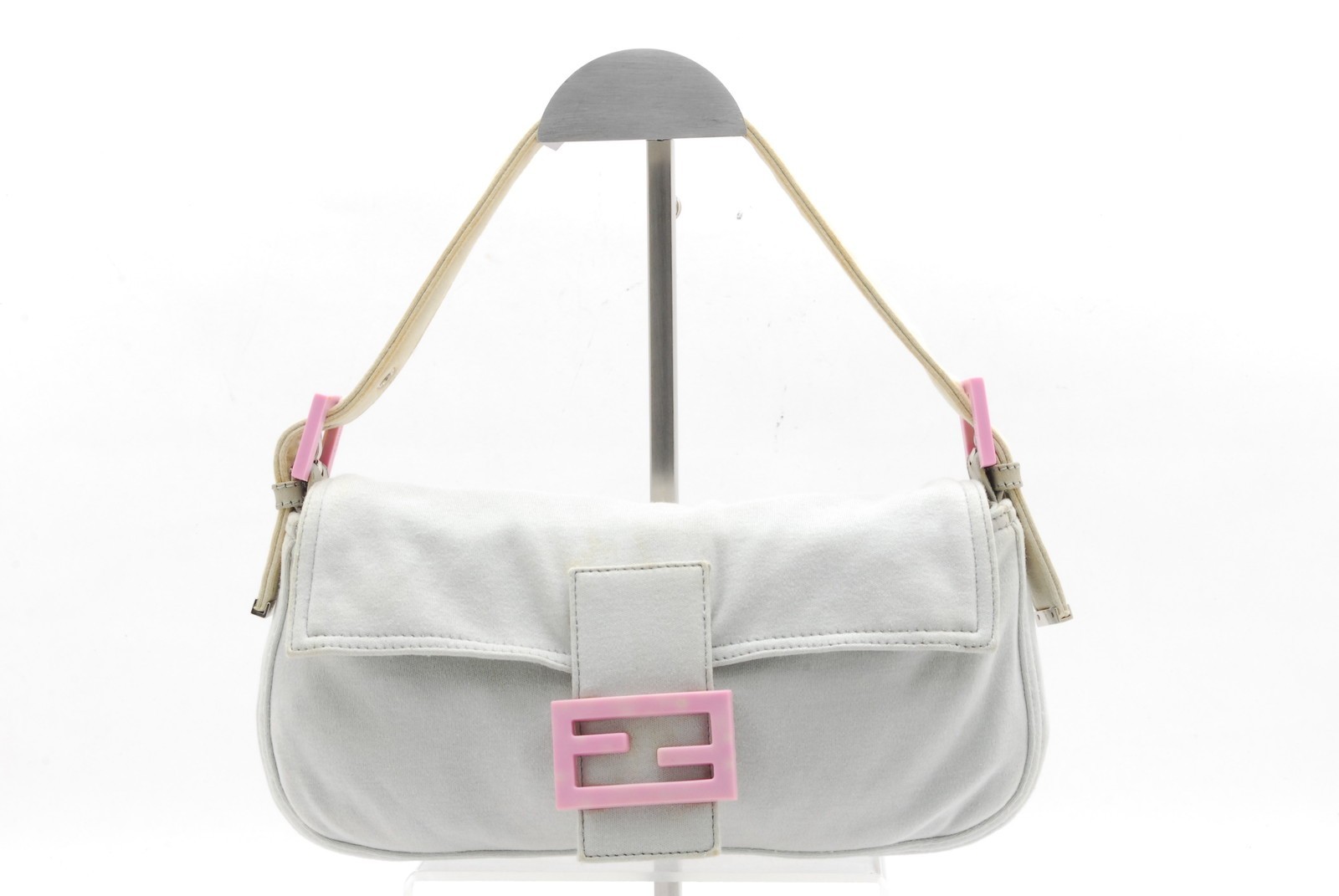 FENDI Mamma Baguette Shoulder Bag Gray Cotton Pink Buckle