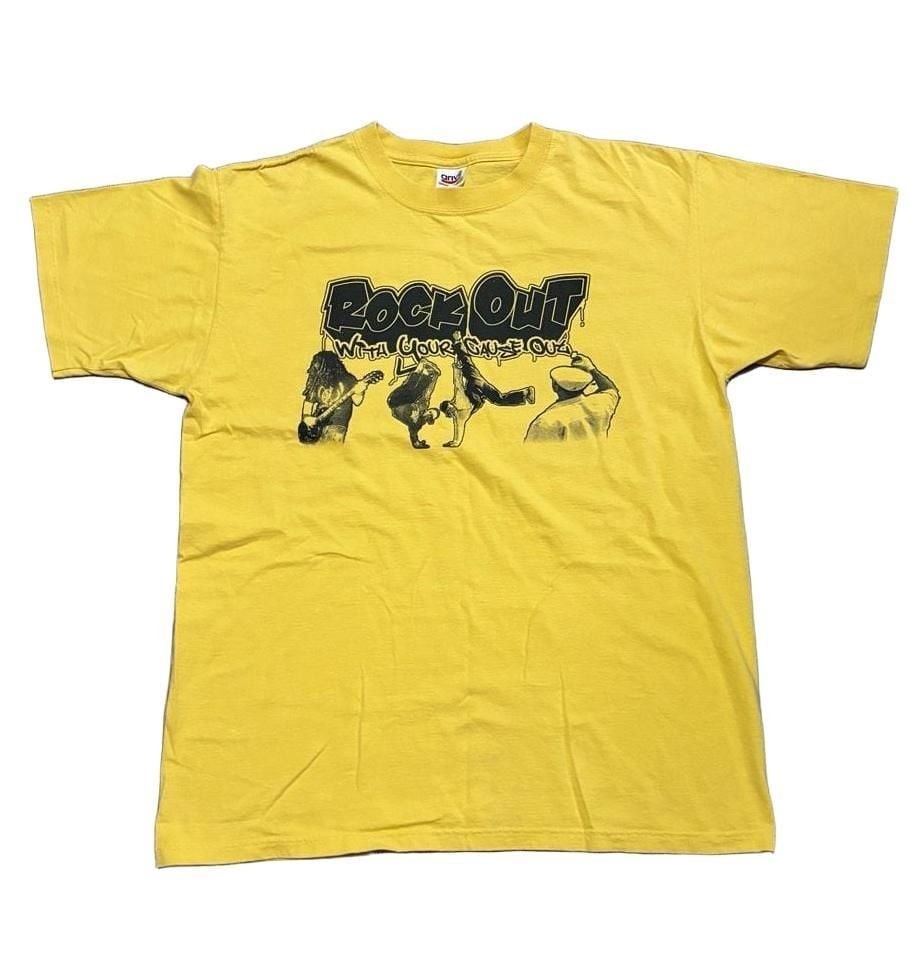 Vintage Y2K Peace Keeper Rock Out Graphic T-Shirt Yellow Anvil Large