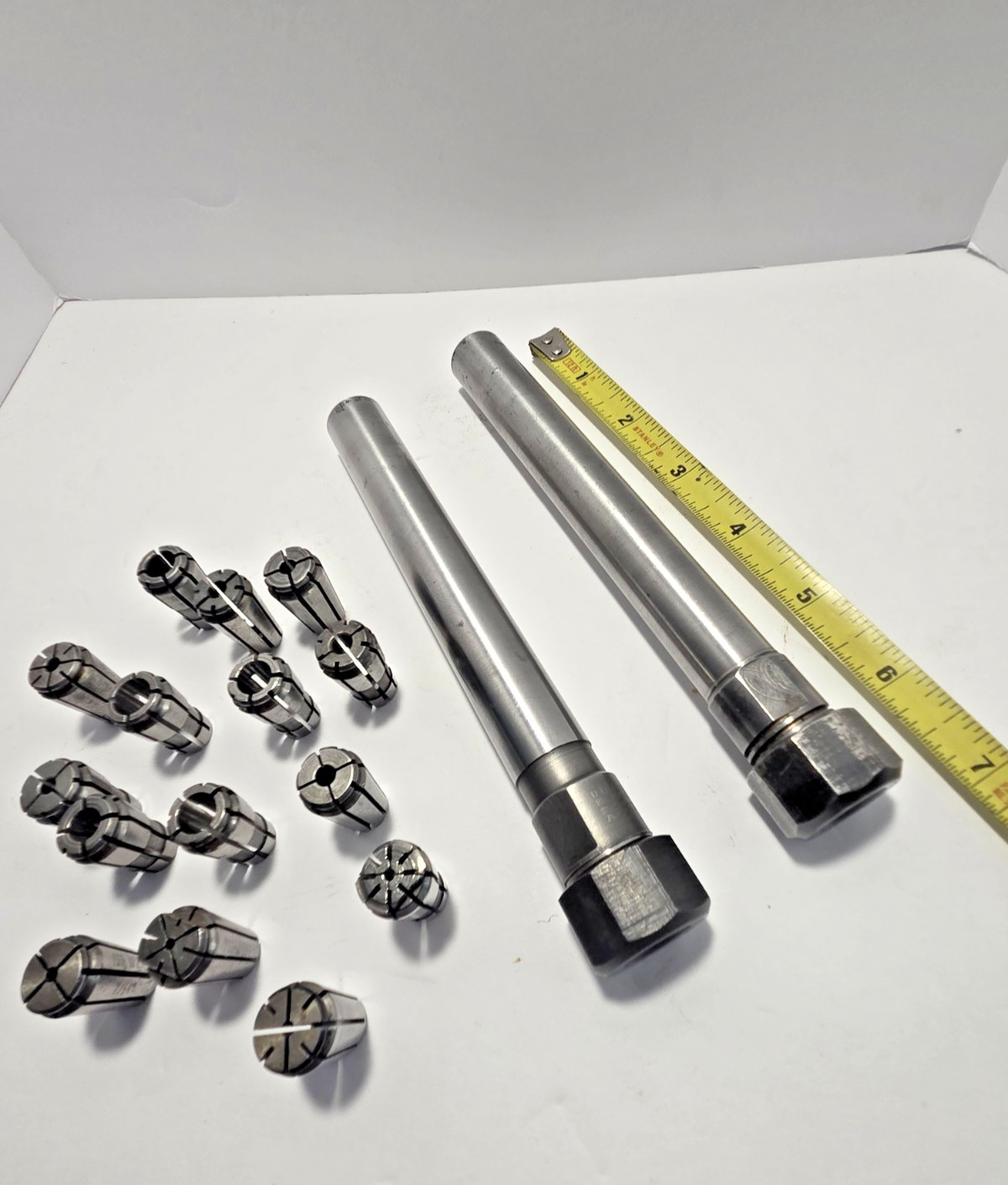 2 UNIVERSAL ENG ACURA FLEX 3/8 SERIES COLLET CHUCK EXTS. 3/4 DIA w/ 15  COLLETS