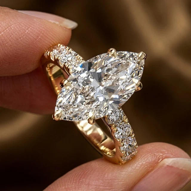 4.3Ct Marquise Cut Moissanite Hidden Halo Engagement Ring 14K Yellow Gold Plated