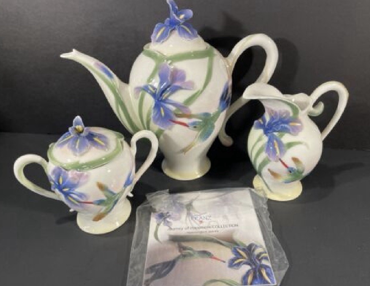 Lot Franz Long Tail Hummingbird Iris Teapot Cream Sugar Porcelain Retired Boxes Lot Franz Long Tail Hummingbird Iris Teapot Cream Sugar Porcelain Retired Boxes
