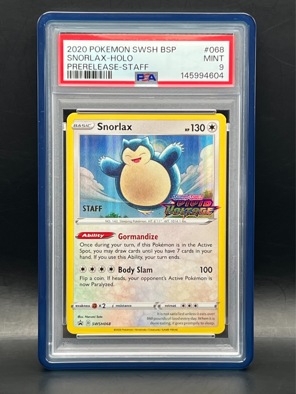 SNORLAX SWSH068 Prerelease STAFF PROMO Holo-2020 Pokémon SWSH BSP - PSA 9