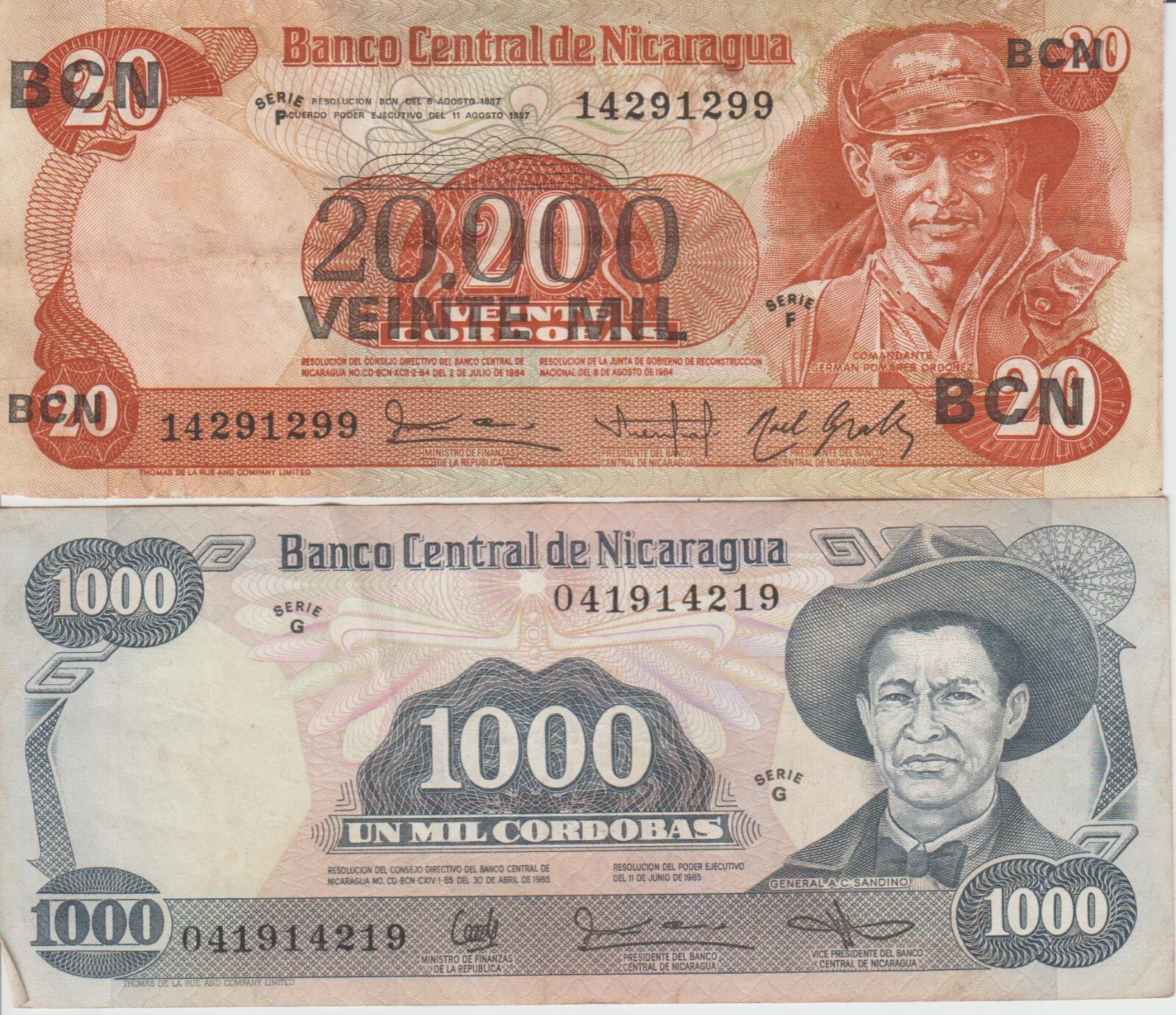 NICARAGUA 1,000 and 20,000 CORDOBAS 1985 - 1987 BCN