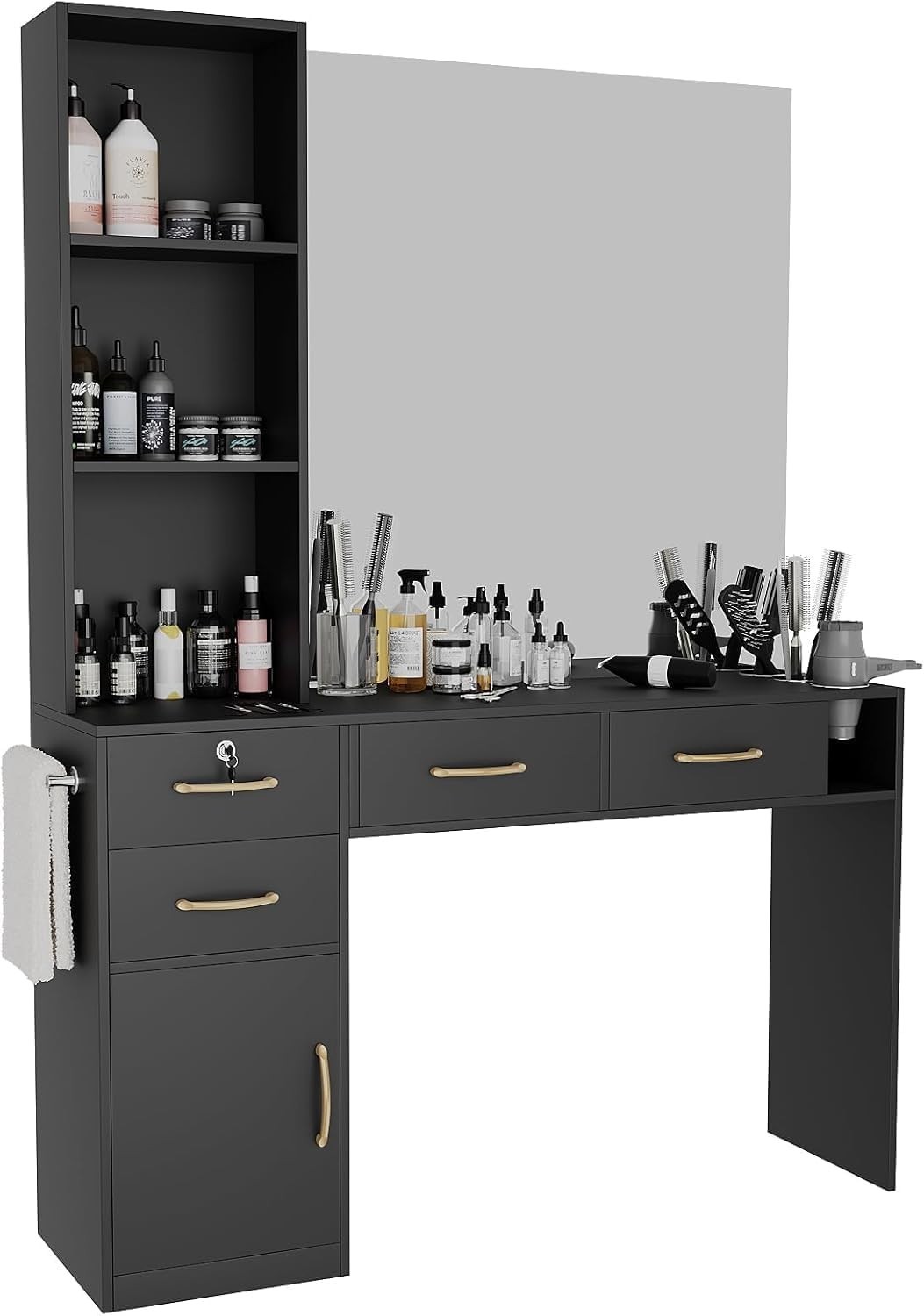 Black Professional Salon Station with 4 Drawers & Blow Dryer Holder – 