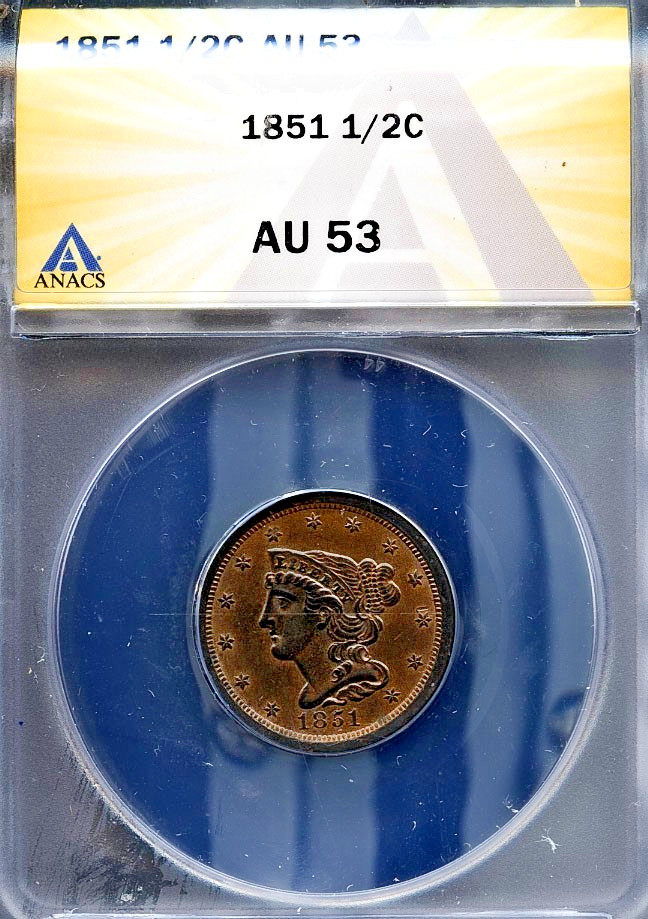 1851 1/2c Braided Hair Half-cent AU 53 ANACS # 7492181 + Bonus
