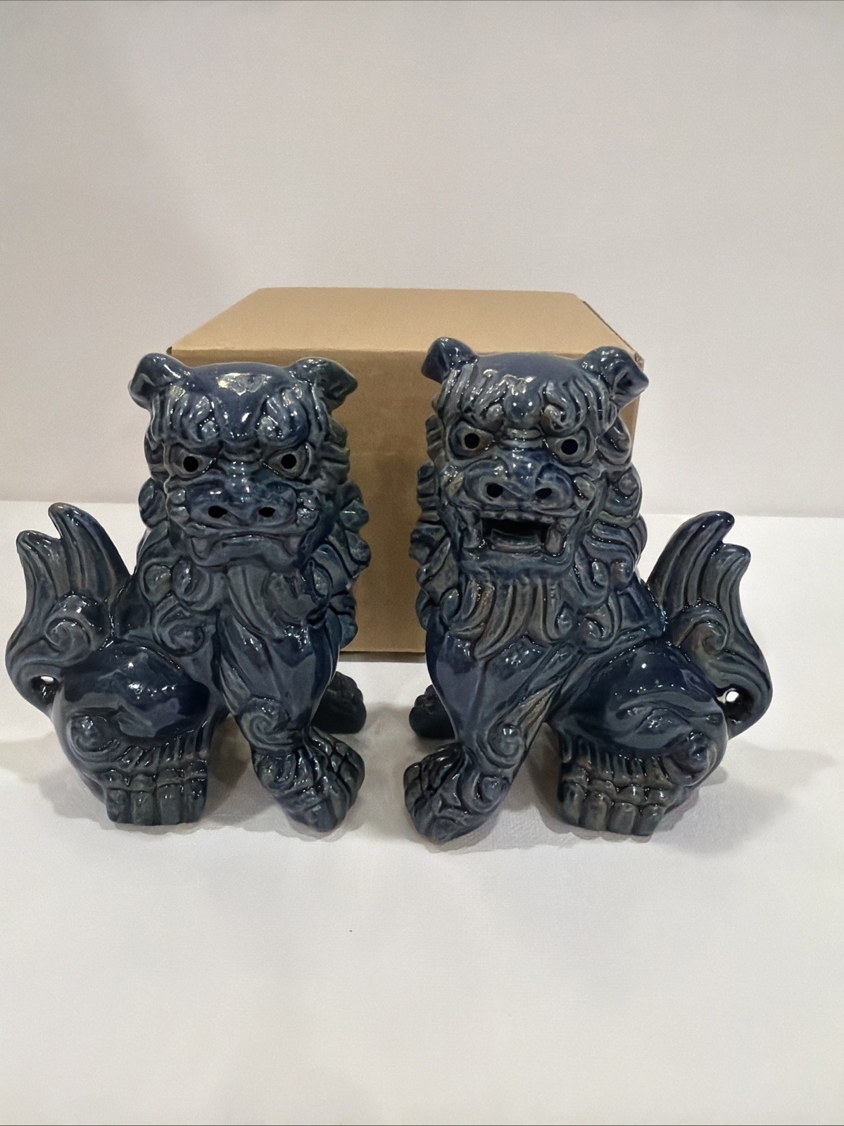Shisa Lion Dog Figurine Okinawa Pottery  Japan Signed NIB blue Rare