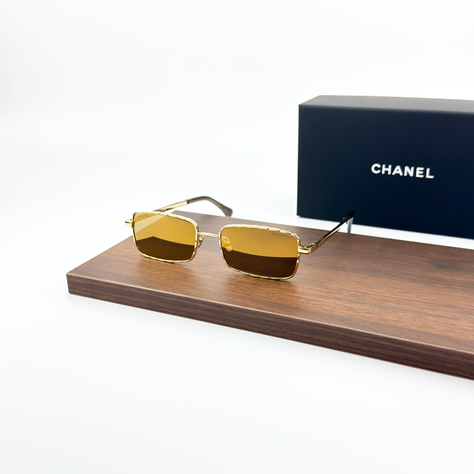Chanel CH4295 Sunglasses Gold Metal Frame Brown Lens Rectangle New w/ Box