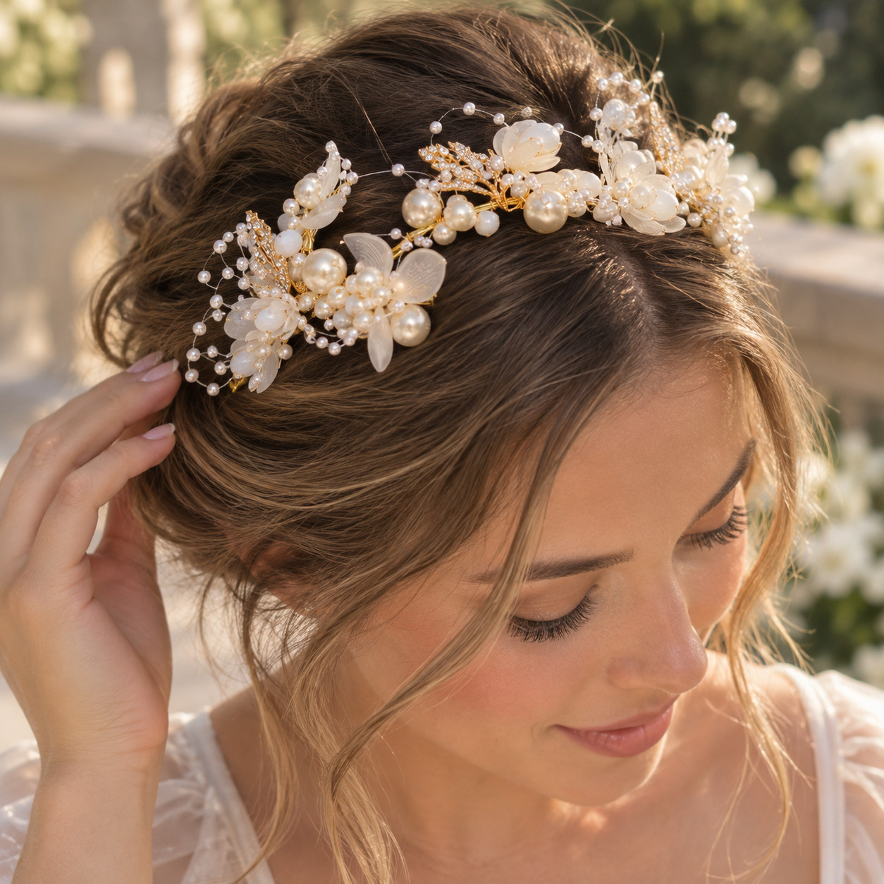 Bridal Pearl Hair Vine Gold Crystal Floral Wedding Headpiece Hair Accessory